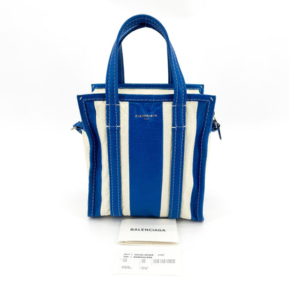 Balenciaga Bazar Striped Leather, Blue, Leather, Tote Bag