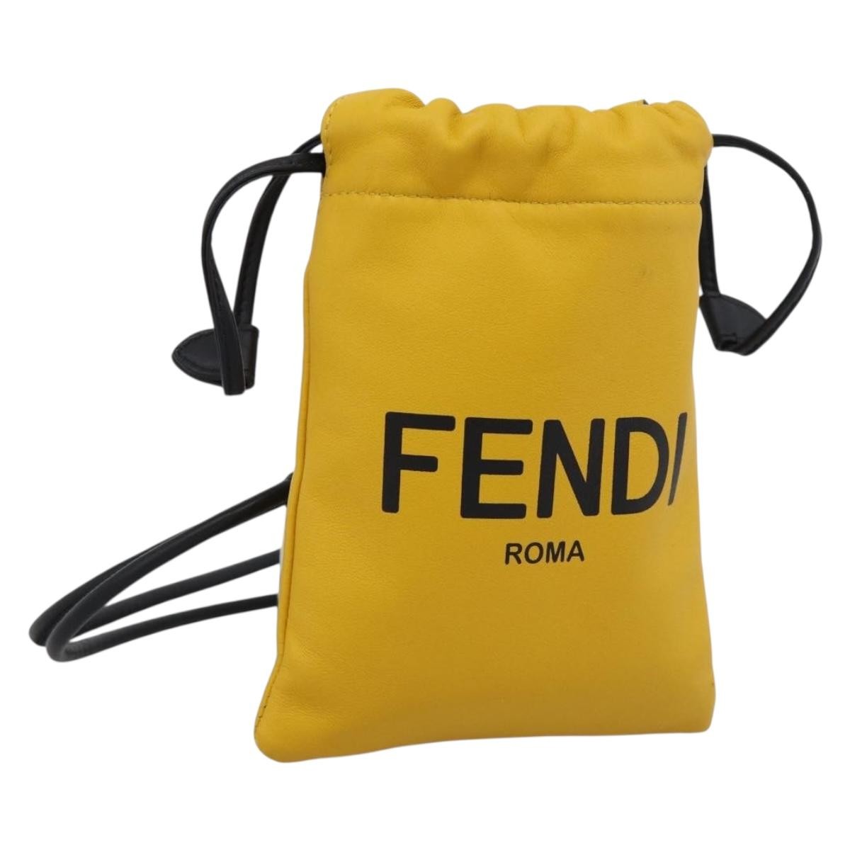 Fendi Logo Drawstring Leather, Yellow, Leather, Handbag