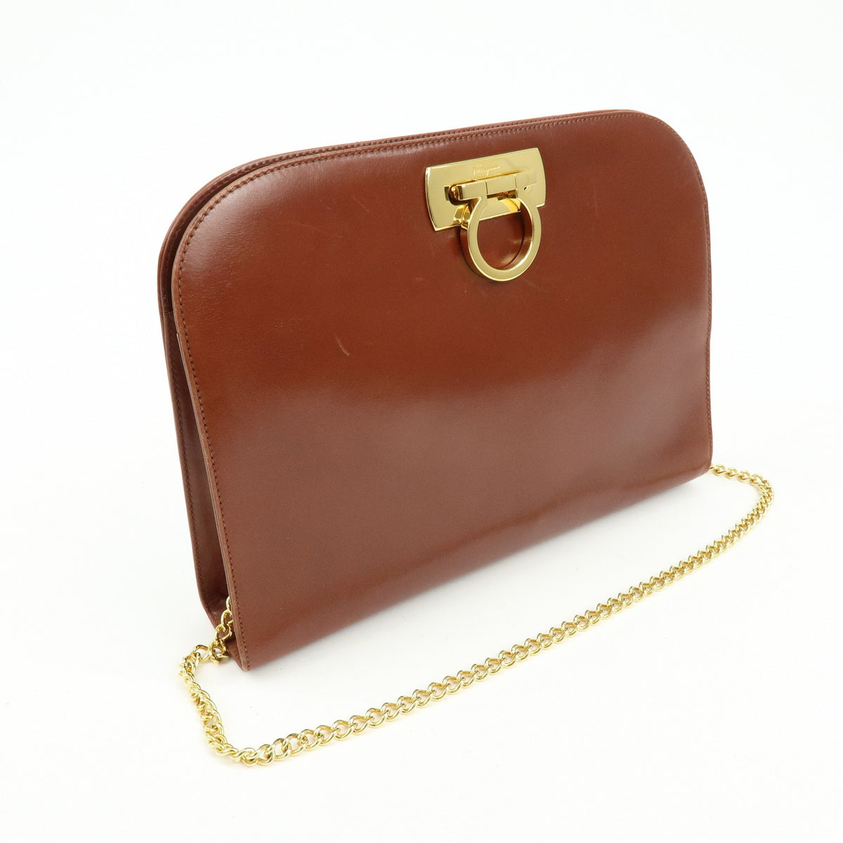Salvatore Ferragamo Vintage Gancini Chain Leather, Brown, Leather, Shoulder Bag