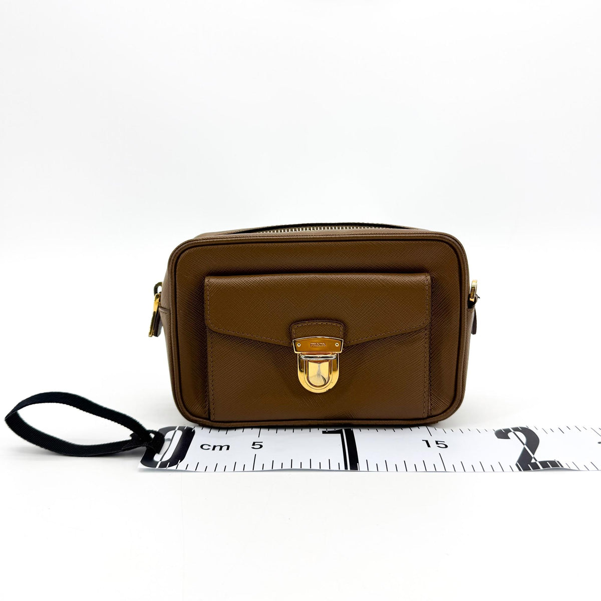 Prada Pushlock Pocket Camera Saffiano Leather, Brown, Leather, Handbag