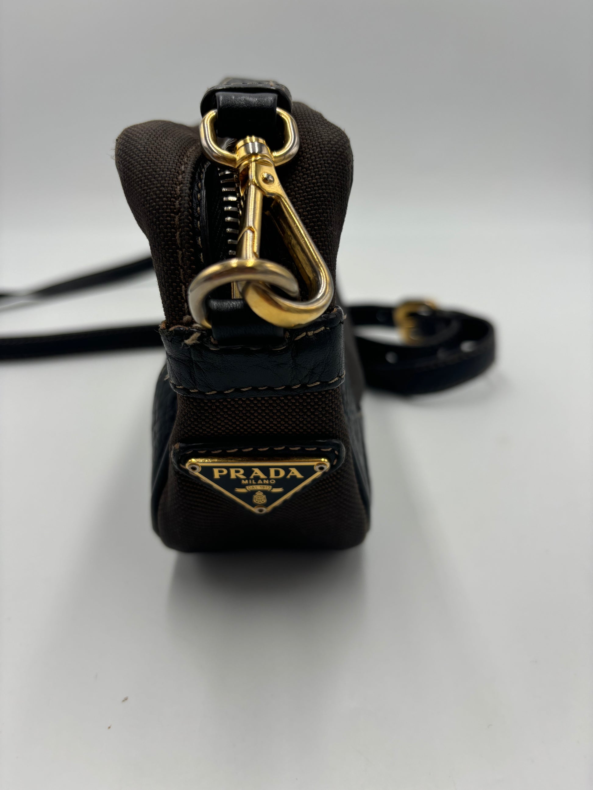 Prada Mini Zip Crossbody Bag Canvas and Leather, Brown, Canvas, Backpack