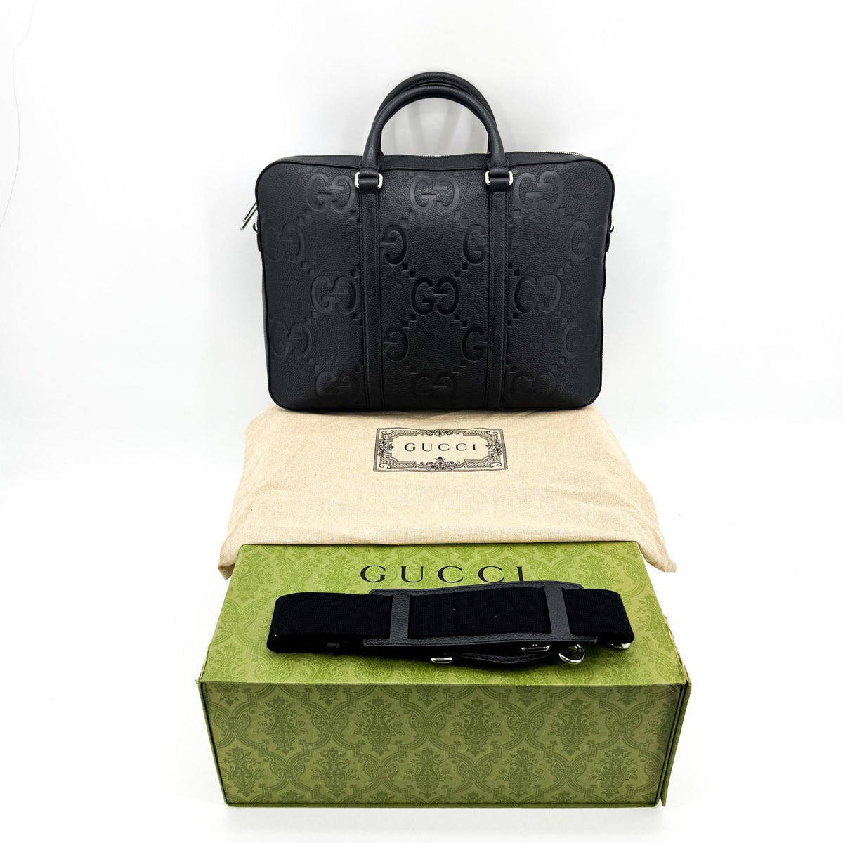 Gucci Convertible Jumbo GG Embossed Leather, Black, Leather, Tote Bag