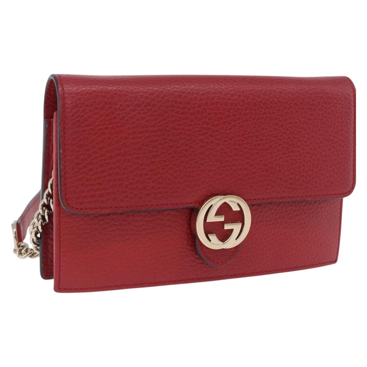 Gucci Interlocking Wallet on Chain Leather, Red, Leather, Shoulder Bag