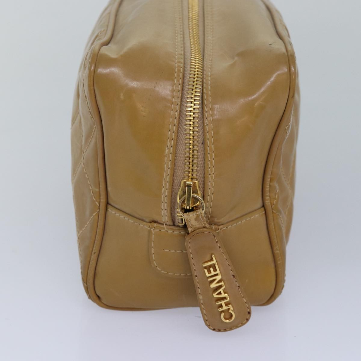 Chanel Square Stitch Toiletry Lambskin, Beige, Leather, Clutch