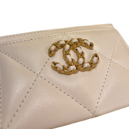 Chanel 19 Card Holder Quilted Iridescent Calfskin, White, Calfskin, Card Holder