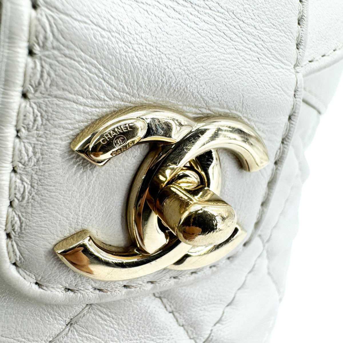 Chanel CC Lock Flap Bucket Quilted Lambskin, White, Leather, Shoulder Bag