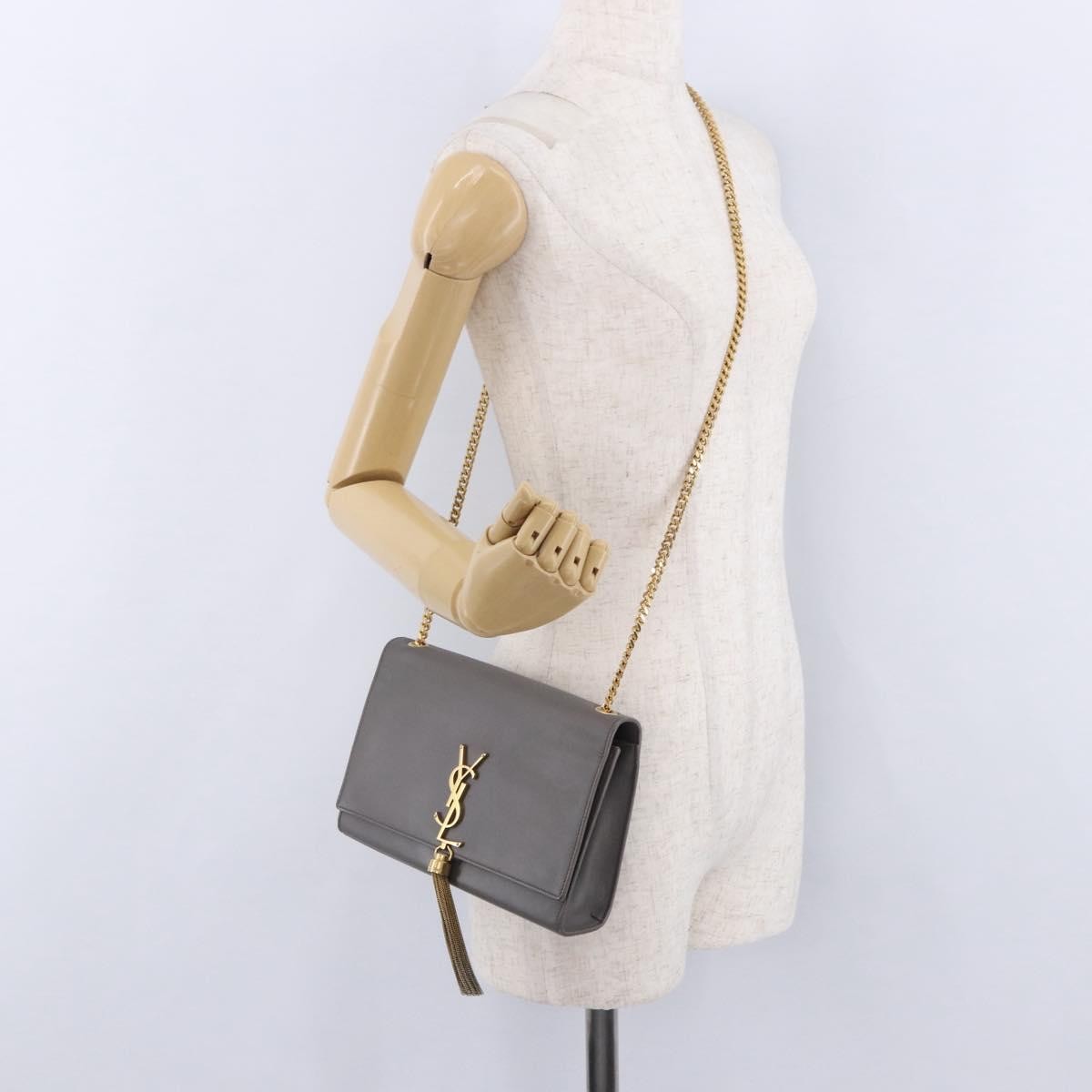 Saint Laurent Classic Monogram Tassel Leather, Gray, Leather, Shoulder Bag