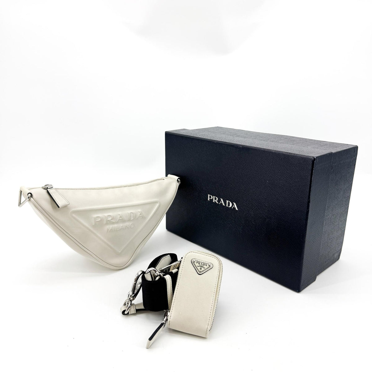 Prada Triangle Logo Zip Leather, White, Leather, Crossbody Bag