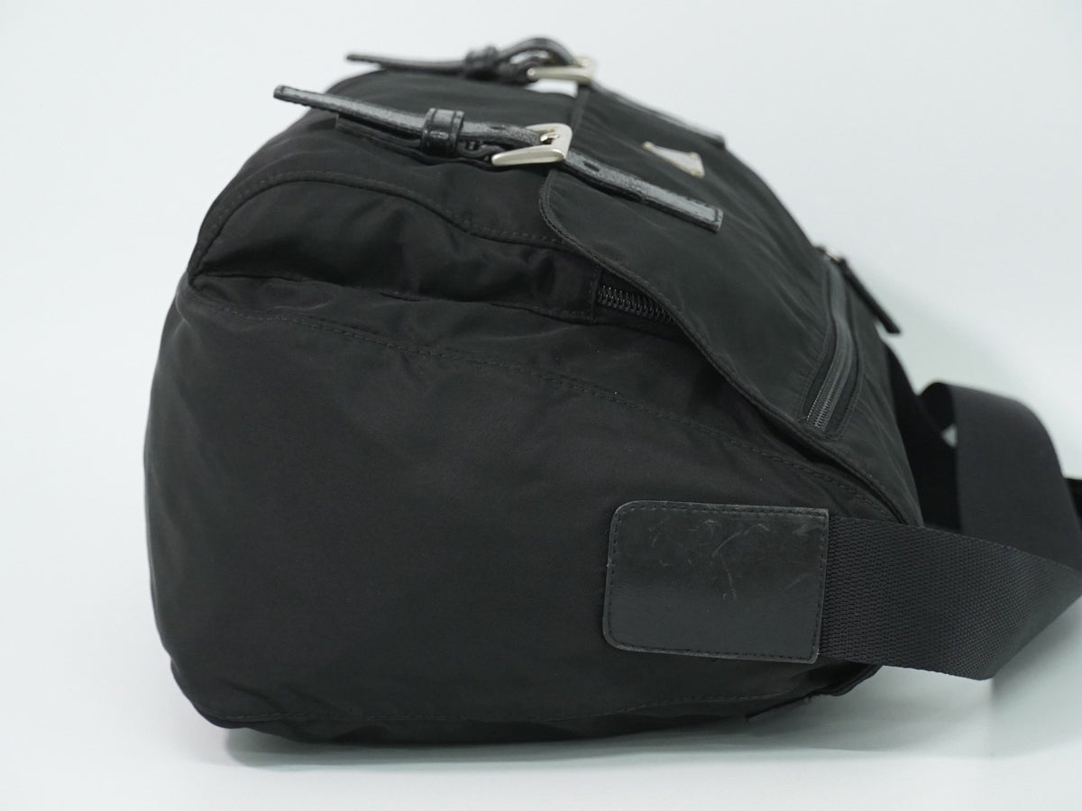 Prada Zip Buckle Messenger Tessuto, Black, Nylon, Shoulder Bag