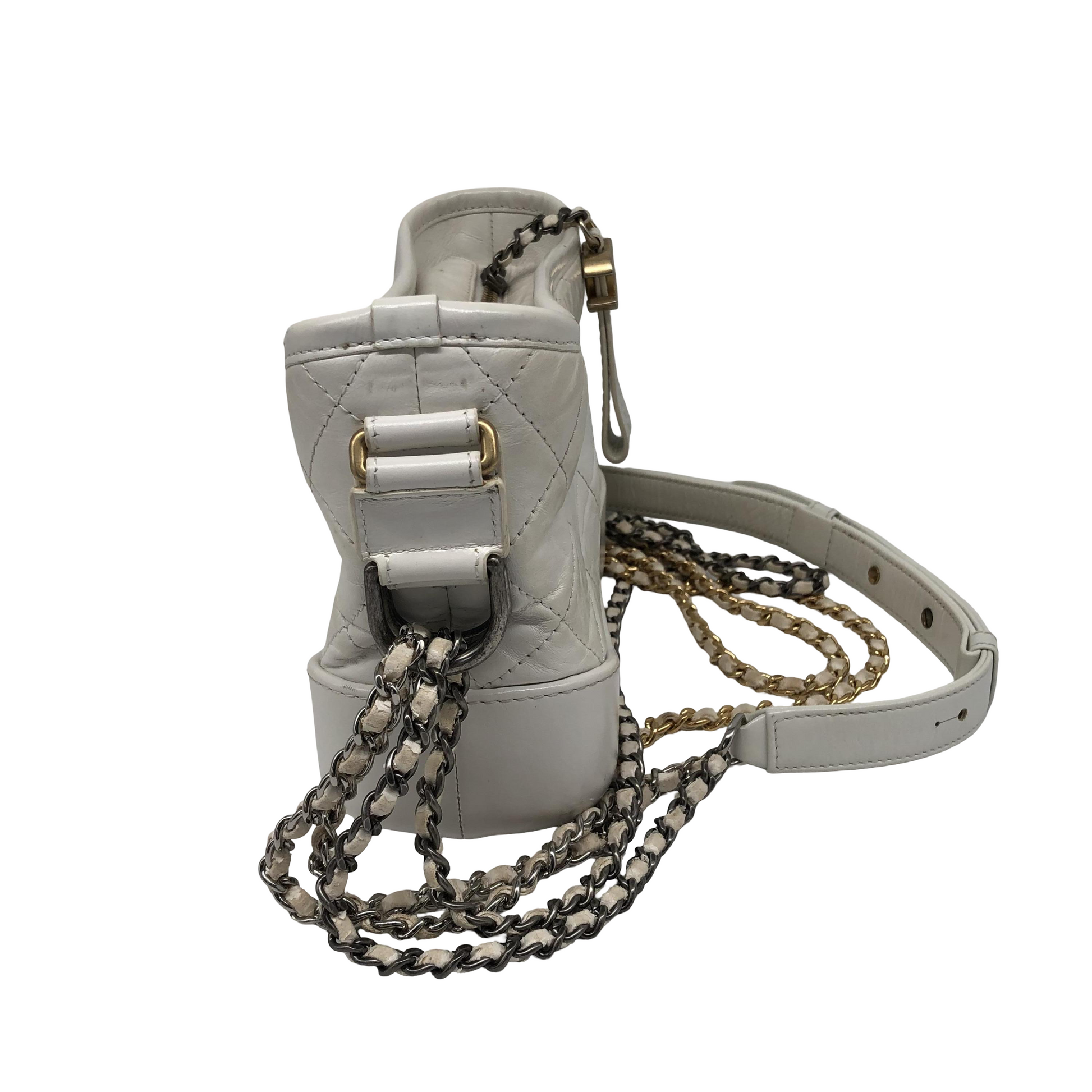Chanel Gabrielle Hobo Quilted Aged Calfskin, White, Calfskin, Shoulder Bag