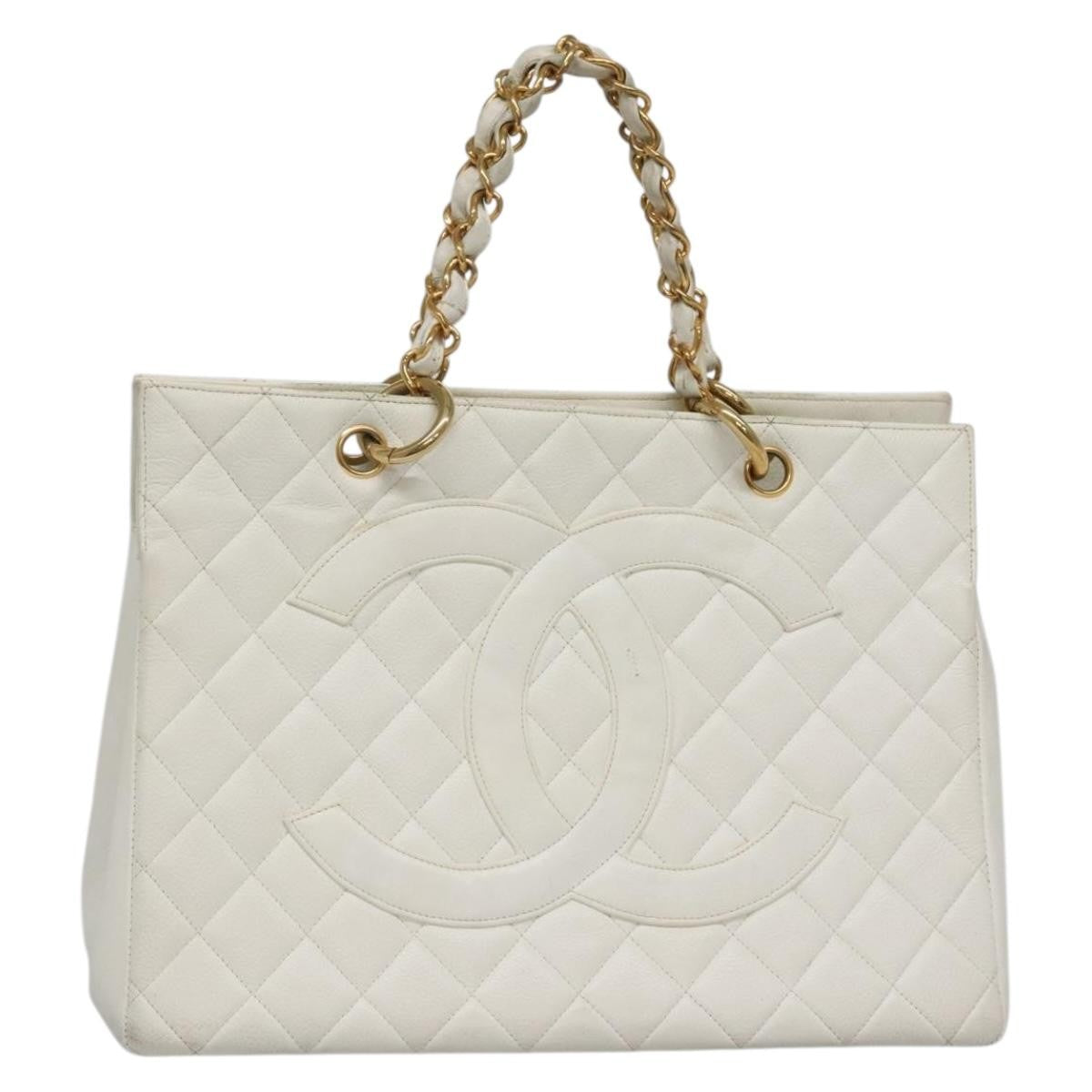 Chanel Vintage Grand Shopping Quilted Caviar, White, Leather, Tote Bag