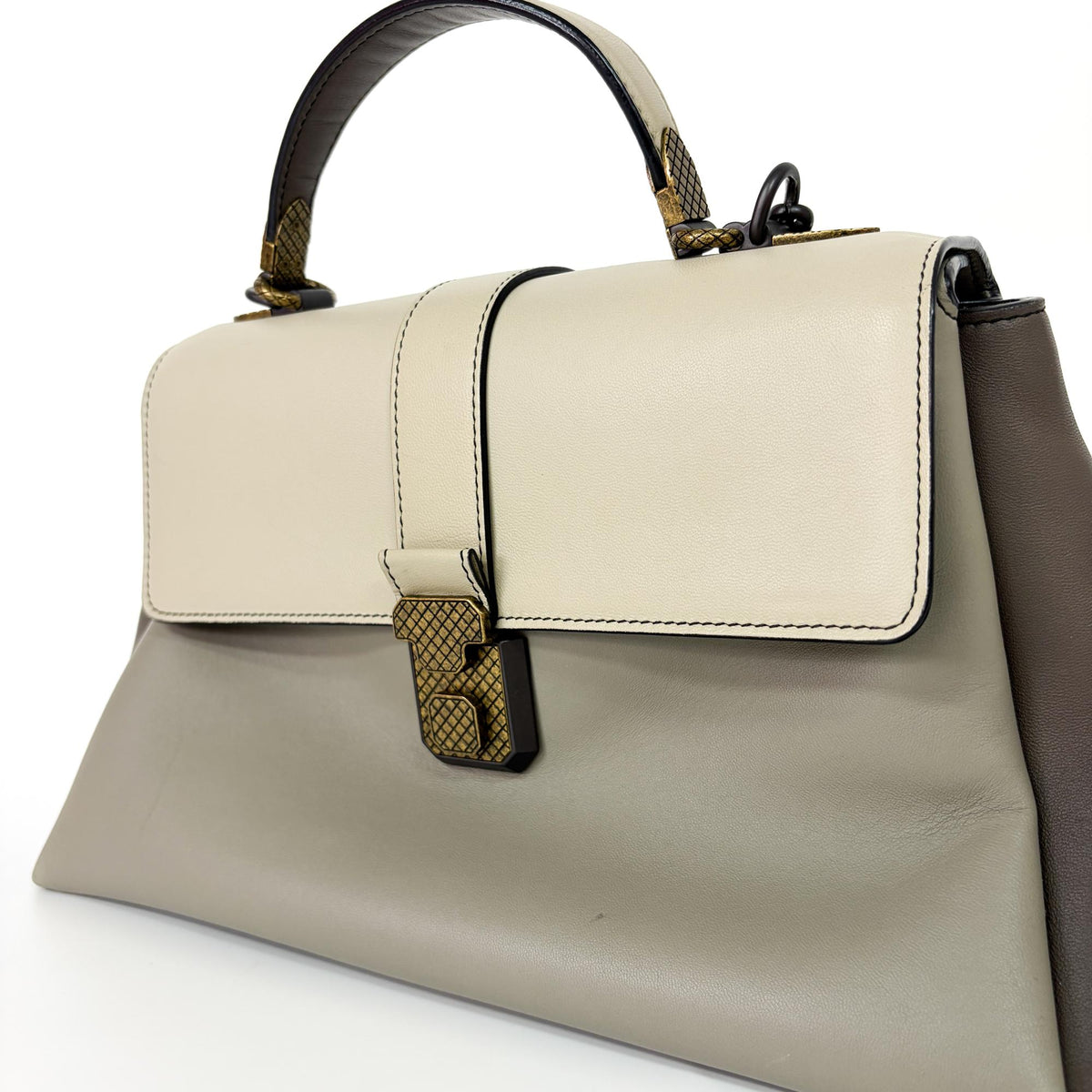 Bottega Veneta Piazza Top Handle Leather with Intrecciato Detail, Gray, Leather, Handbag