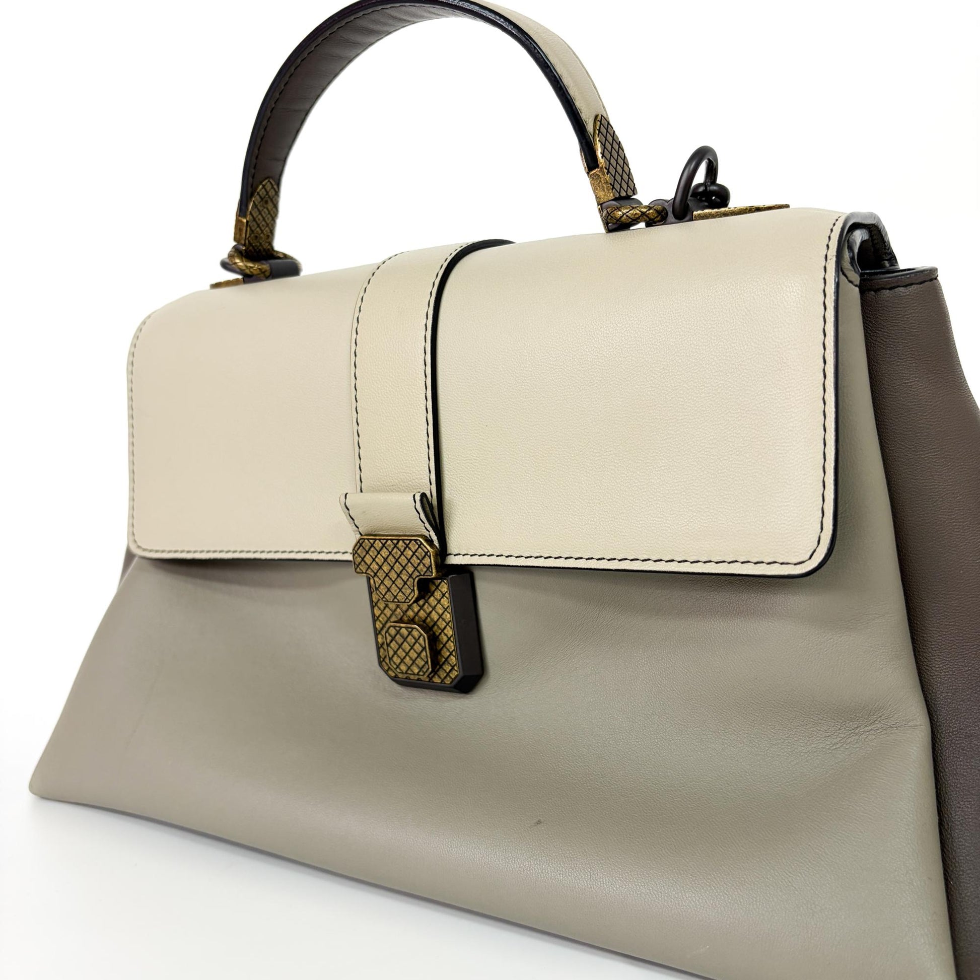 Bottega Veneta Piazza Top Handle Leather with Intrecciato Detail, Gray, Leather, Handbag