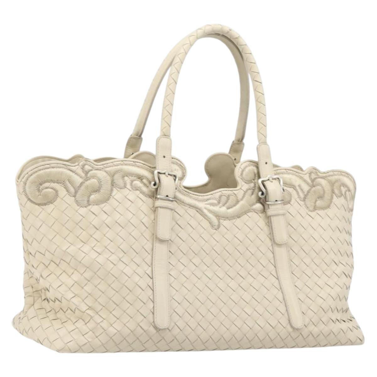 Bottega Veneta Belted Cabas Tote Intrecciato Nappa with Stitched Detail, White, Leather, Tote Bag