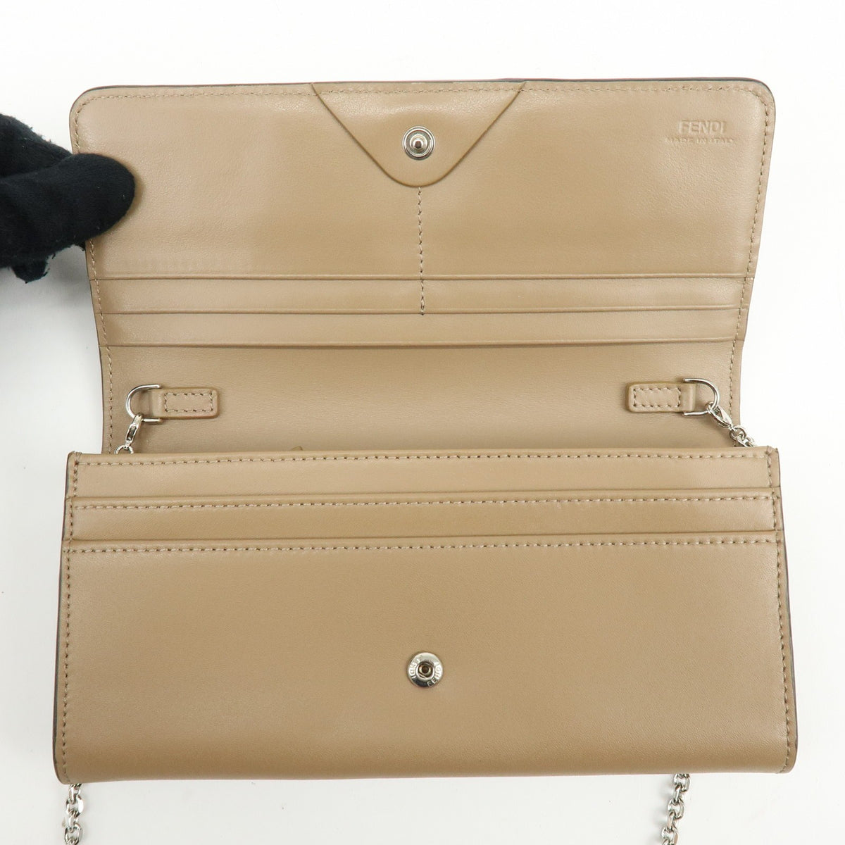Fendi Continental Wallet on Chain Studded Leather, Beige, Leather, Crossbody Bag