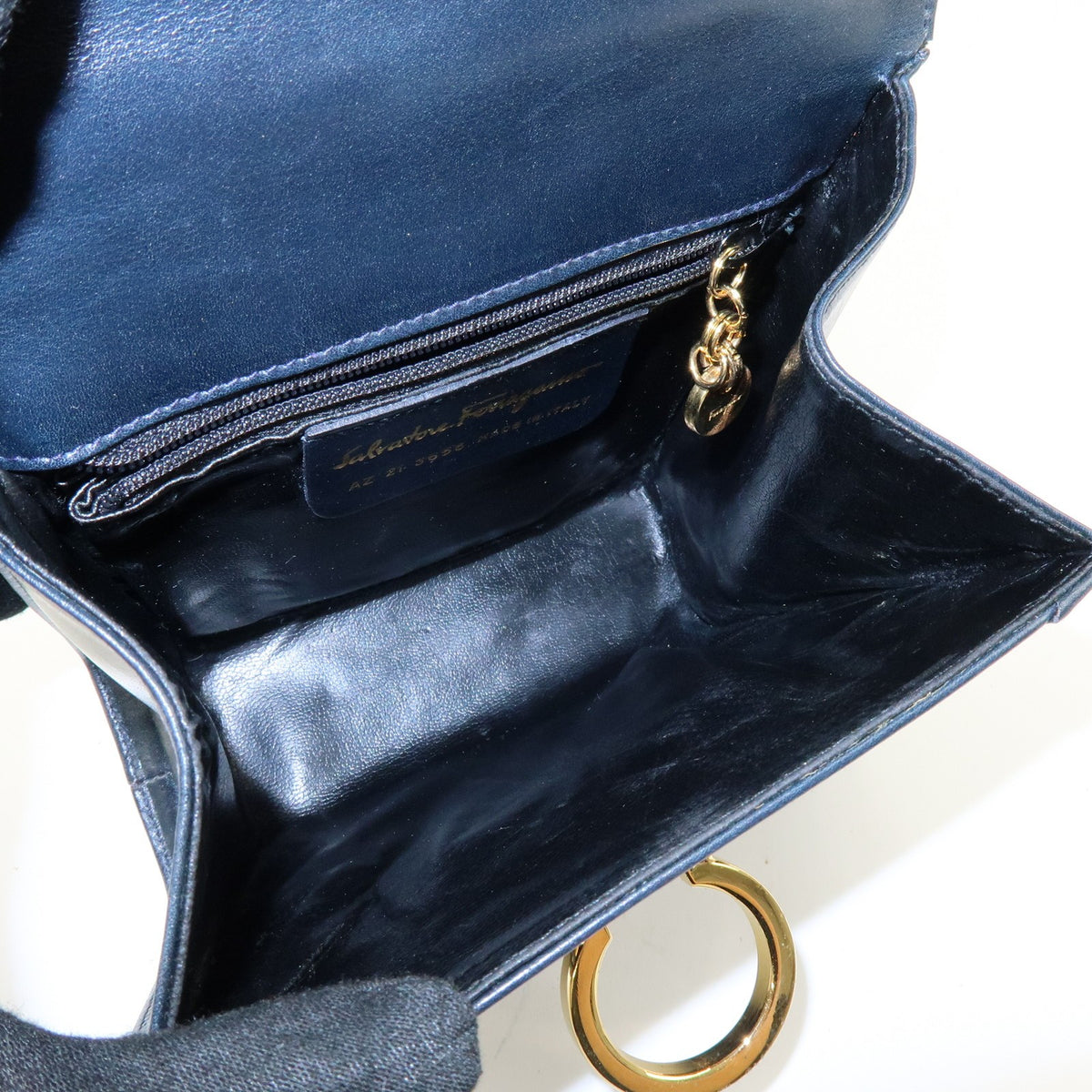 Salvatore Ferragamo Vintage Gancini Flap Leather, Navy, Leather, Shoulder Bag