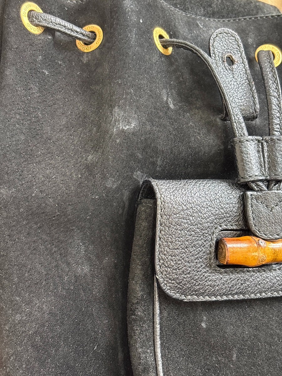 Gucci Vintage Bamboo Suede, Black, Suede, Backpack