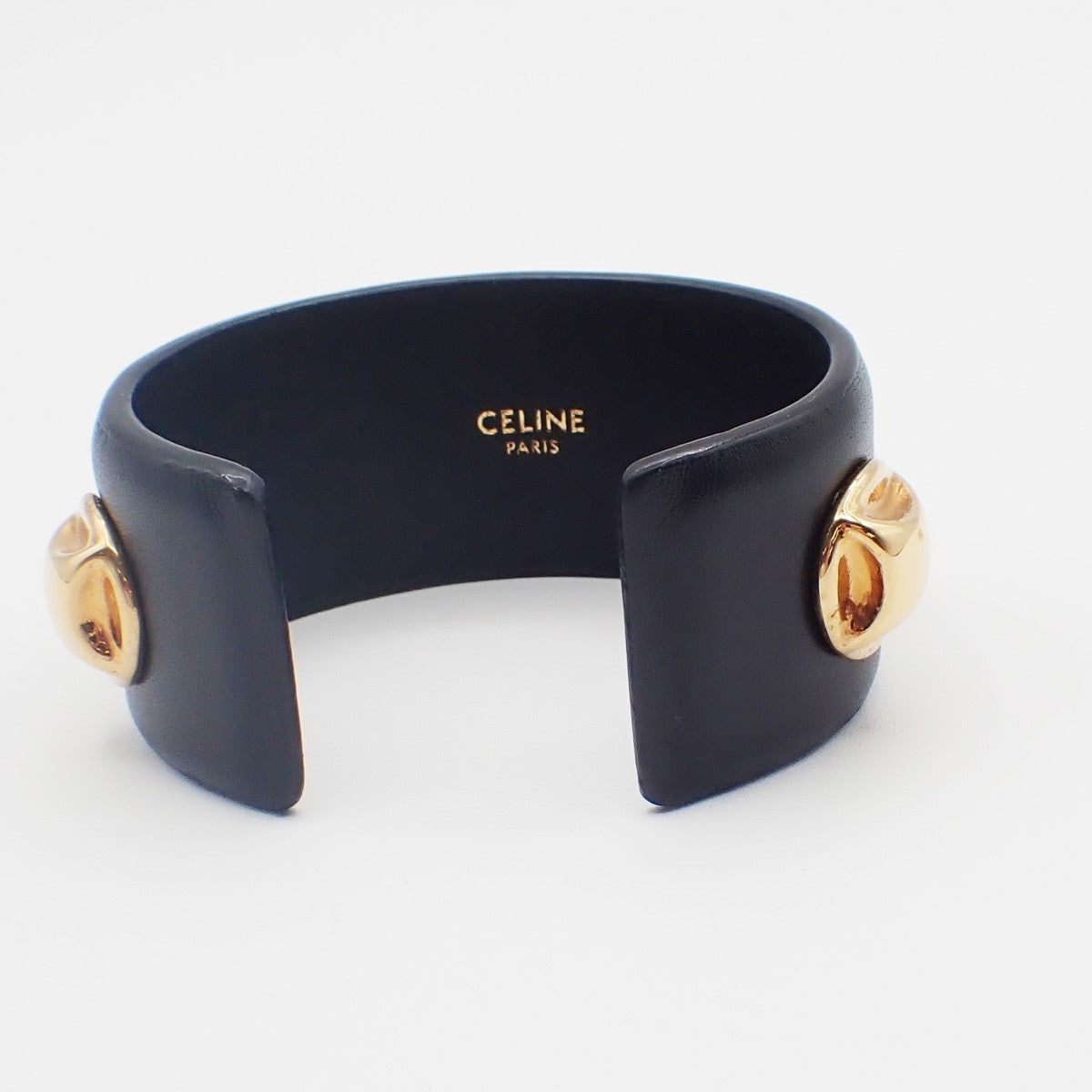 Celine Stud Cuff Leather and Plated Metal, Black, Leather, Bracelet