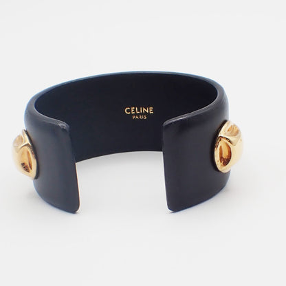Celine Stud Cuff Leather and Plated Metal, Black, Leather, Bracelet