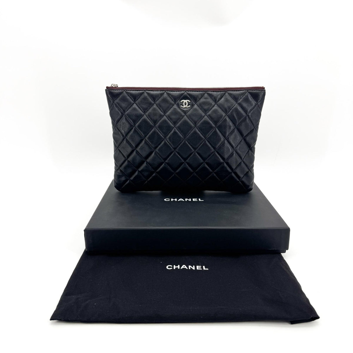 Chanel O Case Clutch Quilted Lambskin, Black, Leather, Clutch