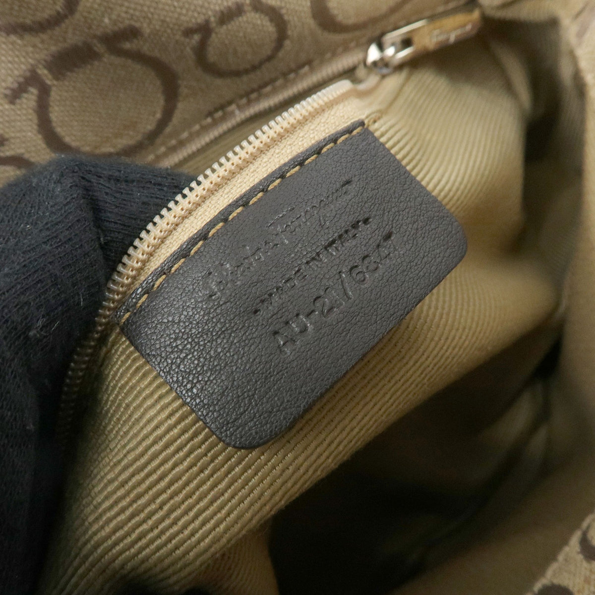 Salvatore Ferragamo Gancini Handle Leather, Beige, Canvas, Tote Bag