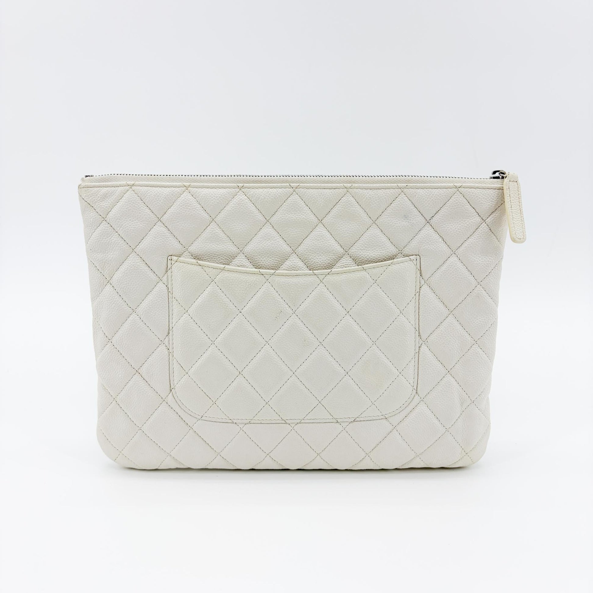 Chanel Classic O Case Quilted Caviar, White, Leather, Clutch