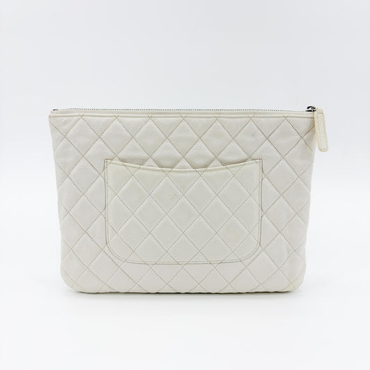 Chanel Classic O Case Quilted Caviar, White, Leather, Clutch