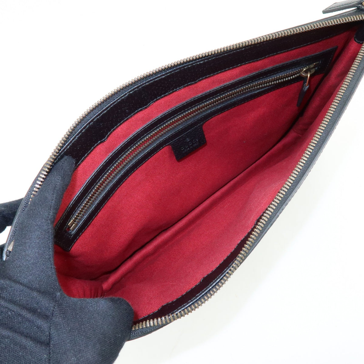 Gucci Web Strap Front Zip Messenger Leather, Black, Leather, Handbag
