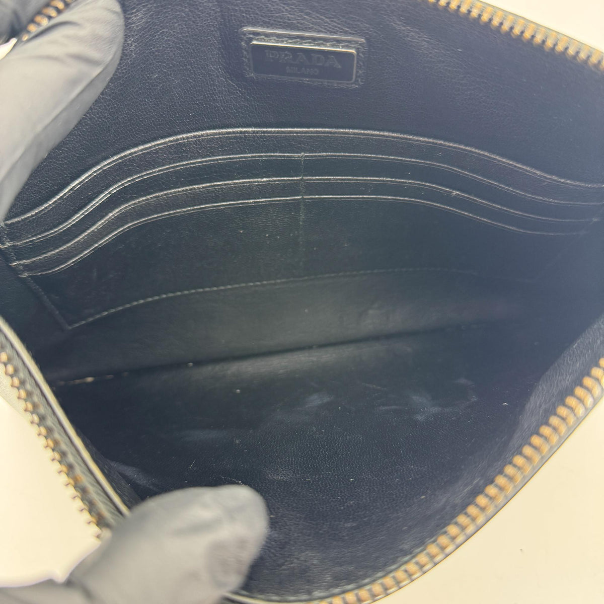 Prada Wristlet Zip Clutch Vitello Daino, Black, Leather, Clutch