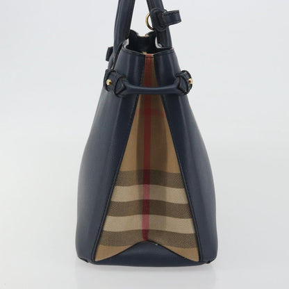 Burberry Banner Leather and House Check Canvas, Navy, Leather, Tote Bag