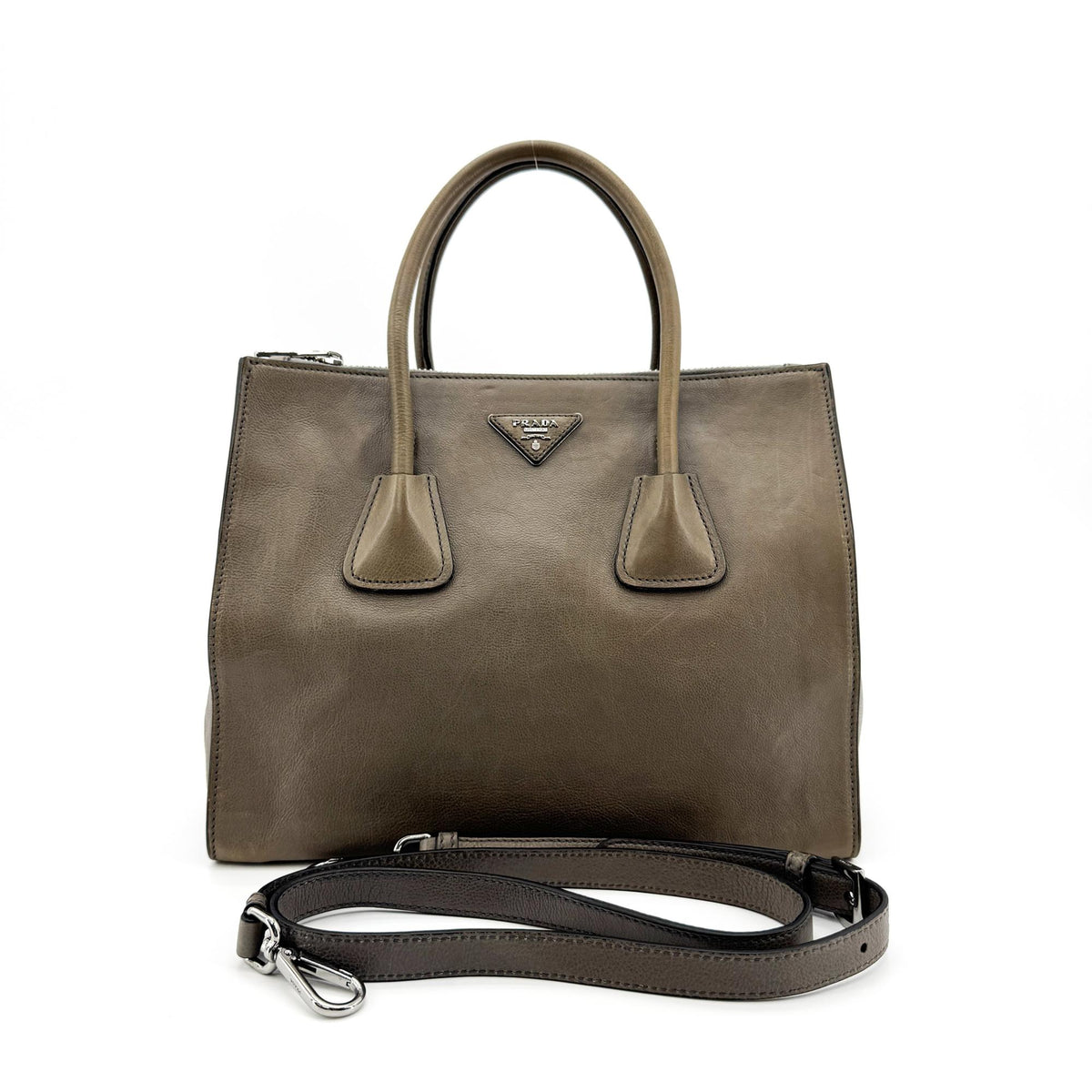 Prada Twin Shopping Vitello Daino, Brown, Leather, Tote Bag