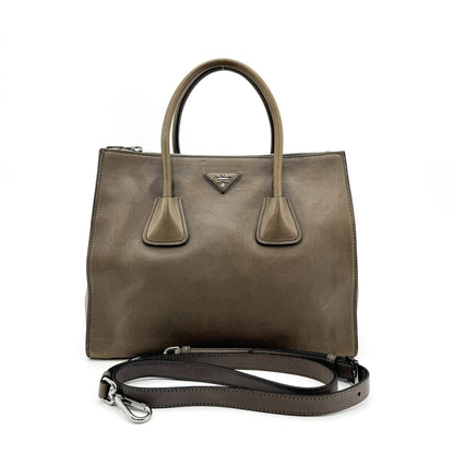 Prada Twin Shopping Vitello Daino, Brown, Leather, Tote Bag