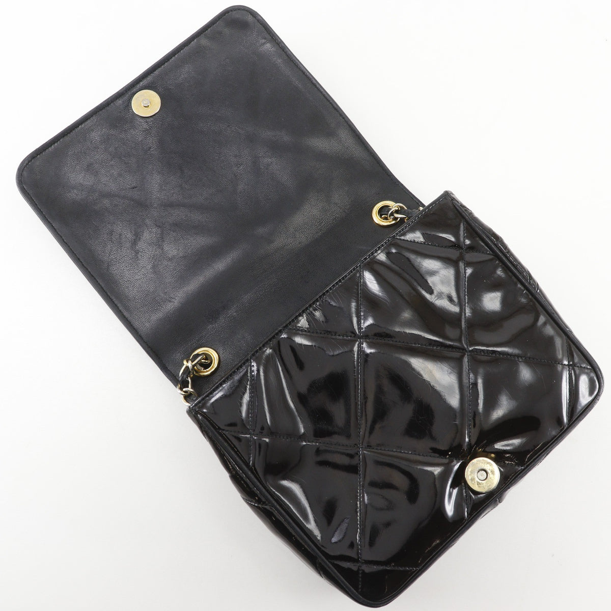 Chanel Flap Shoulder Leather, Black, Patent Leather, Shoulder Bag