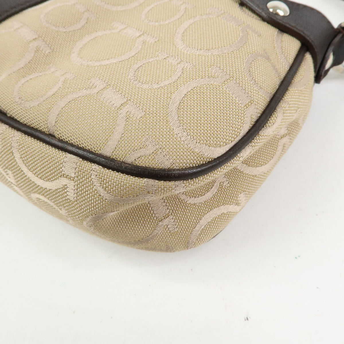 Salvatore Ferragamo Gancini Handle Leather, Beige, Canvas, Tote Bag