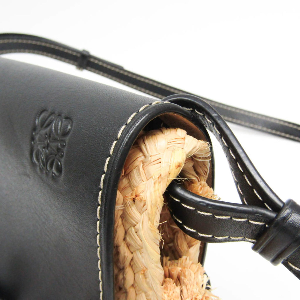 Loewe Gate Leather Leather with Raffia, Black, Leather, Shoulder Bag