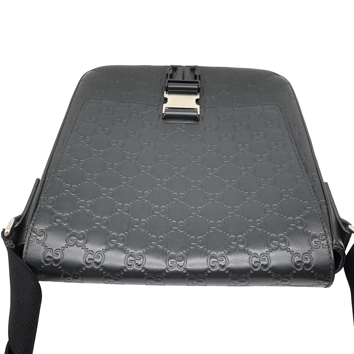 Gucci Buckle Flap Messenger Guccissima Leather, Black, Leather, Shoulder Bag