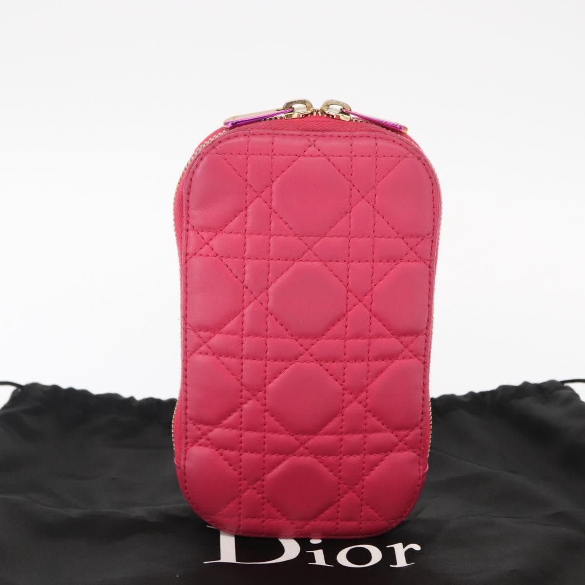 Christian Dior Lady Dior Phone Holder on Chain Cannage Quilt Lambskin, Pink, Leather, Clutch