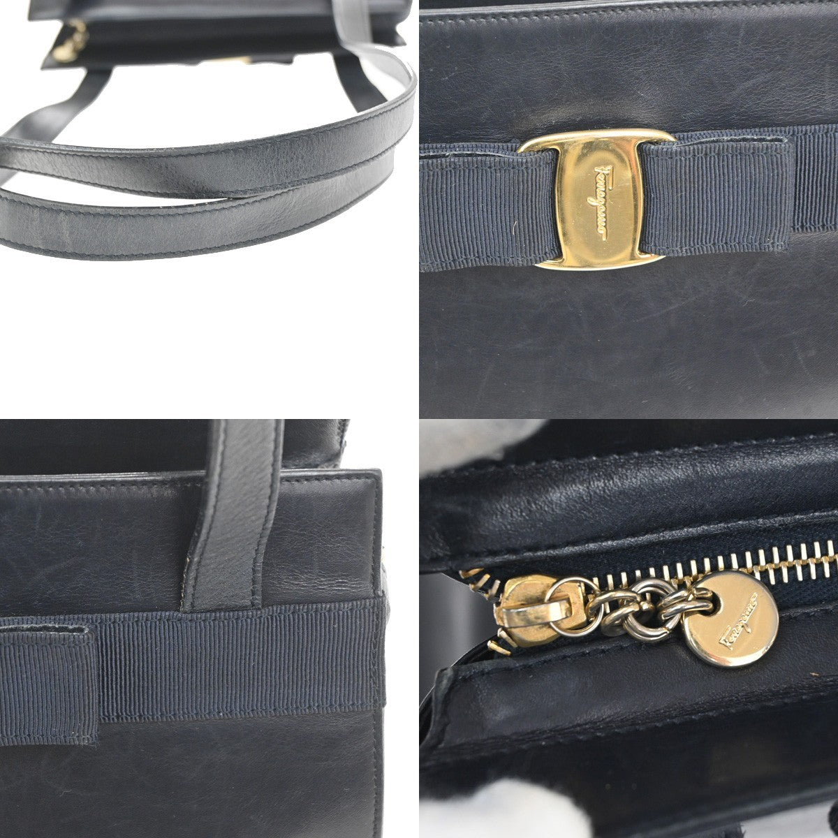 Salvatore Ferragamo Vintage Vara Bow Lizard Embossed Leather, Navy, Leather, Tote Bag