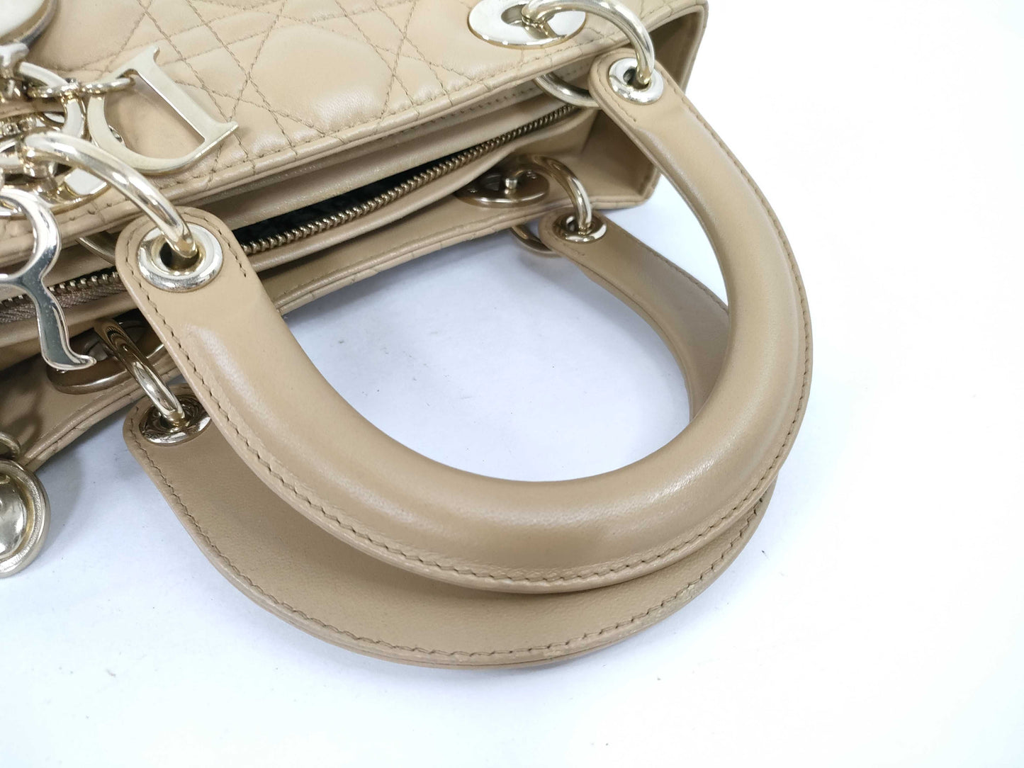 Christian Dior Lady Dior Cannage Quilt Lambskin, Beige, Leather, Handbag