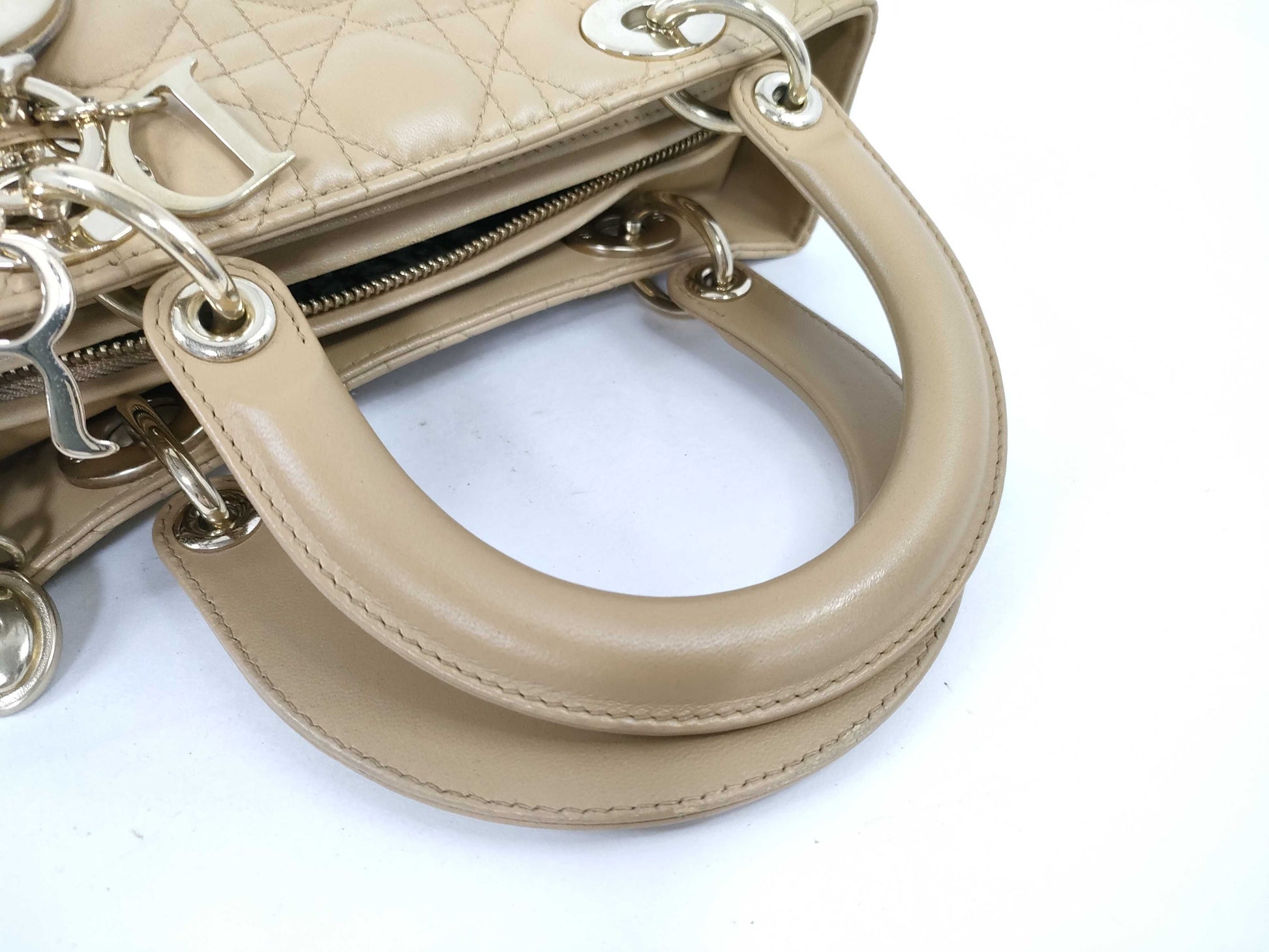 Christian Dior Lady Dior Cannage Quilt Lambskin, Beige, Leather, Handbag