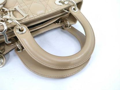 Christian Dior Lady Dior Cannage Quilt Lambskin, Beige, Leather, Handbag