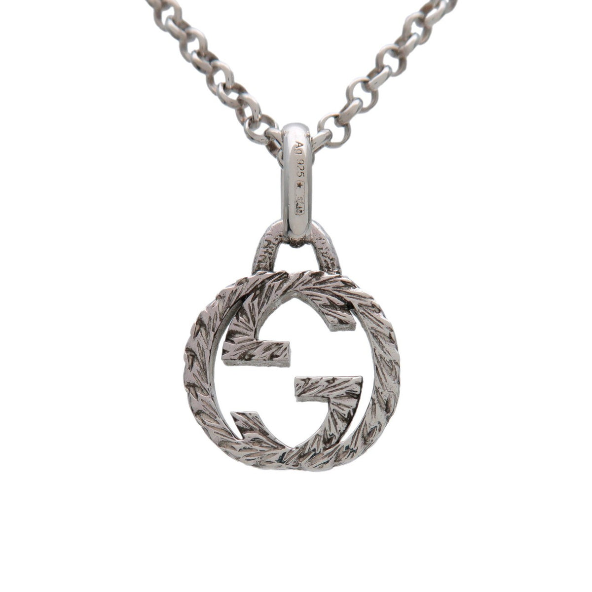 Gucci Engraved Interlocking G Chain Link Pendant Sterling Silver, Silver, Silver, Necklace