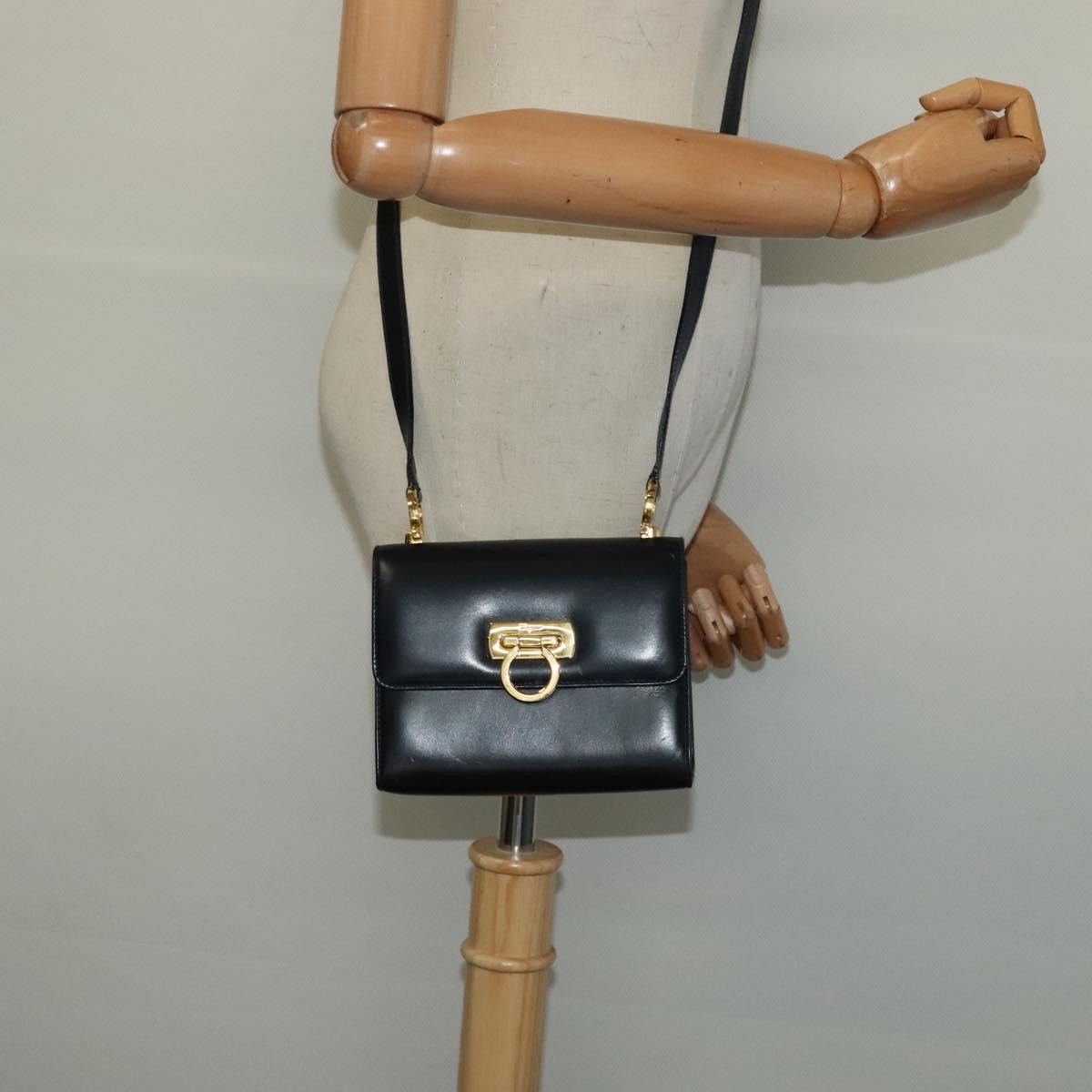 Salvatore Ferragamo Gancini Leather, Black, Leather, Shoulder Bag