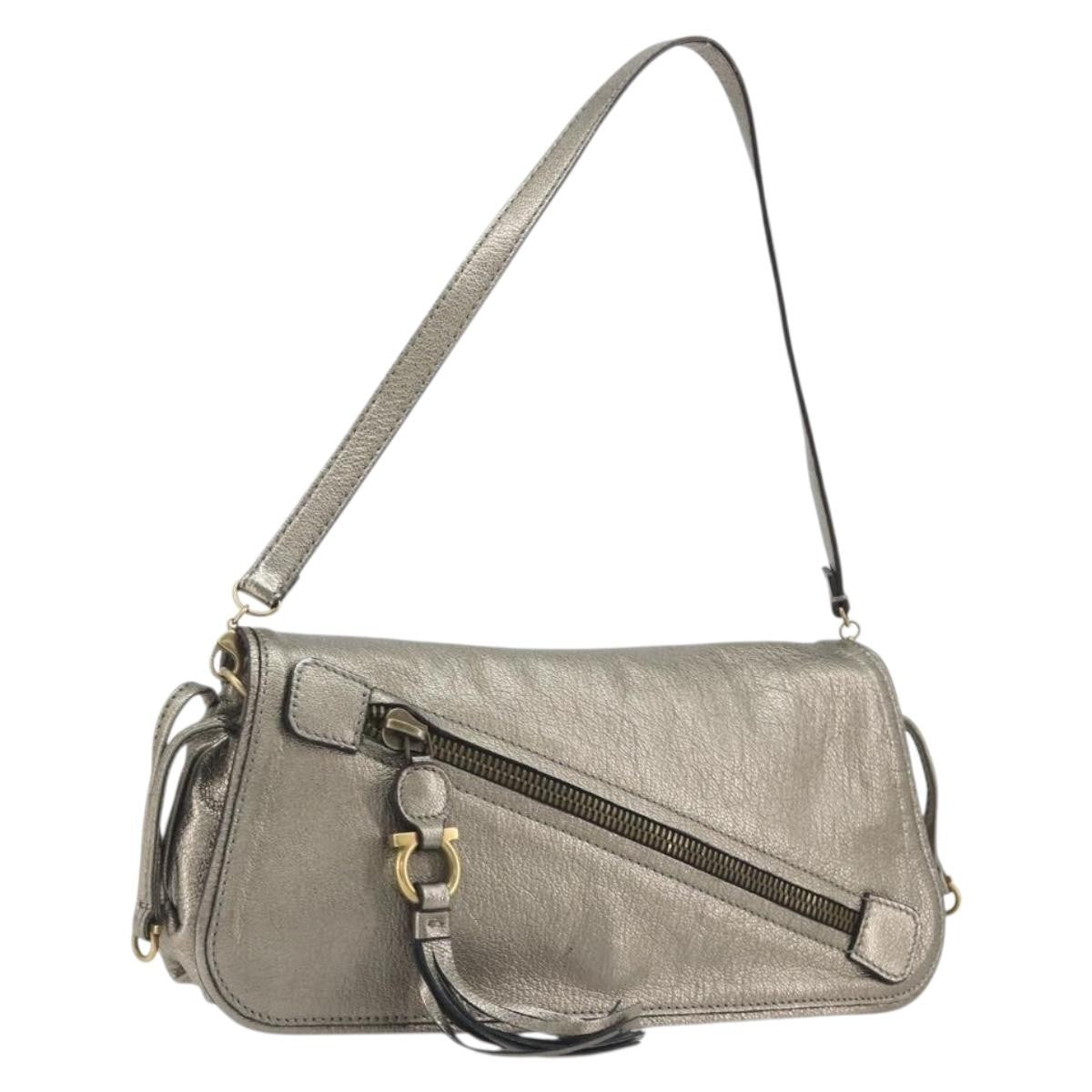 Salvatore Ferragamo Gancini Leather, Silver, Leather, Shoulder Bag