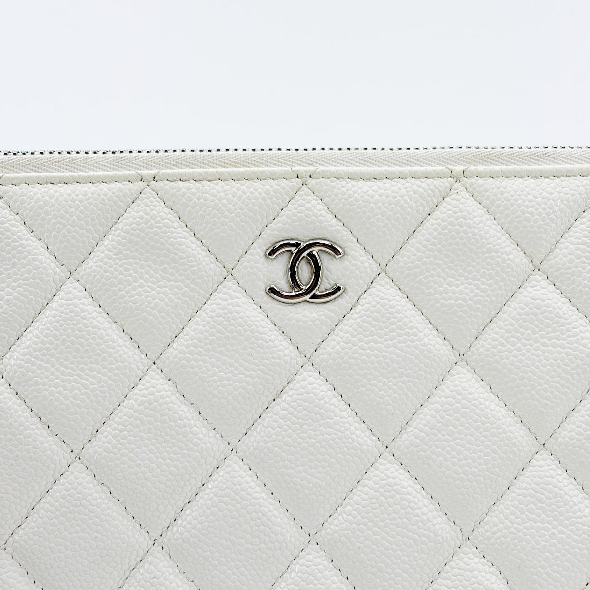 Chanel Classic O Case Quilted Caviar, White, Leather, Clutch
