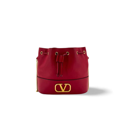 Valentino Garavani VLogo Drawstring Bucket Leather, Gold, Leather, Clutch
