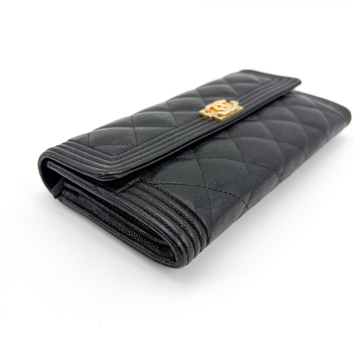 Chanel Boy Flap Quilted Caviar, Black, Leather, Wallet