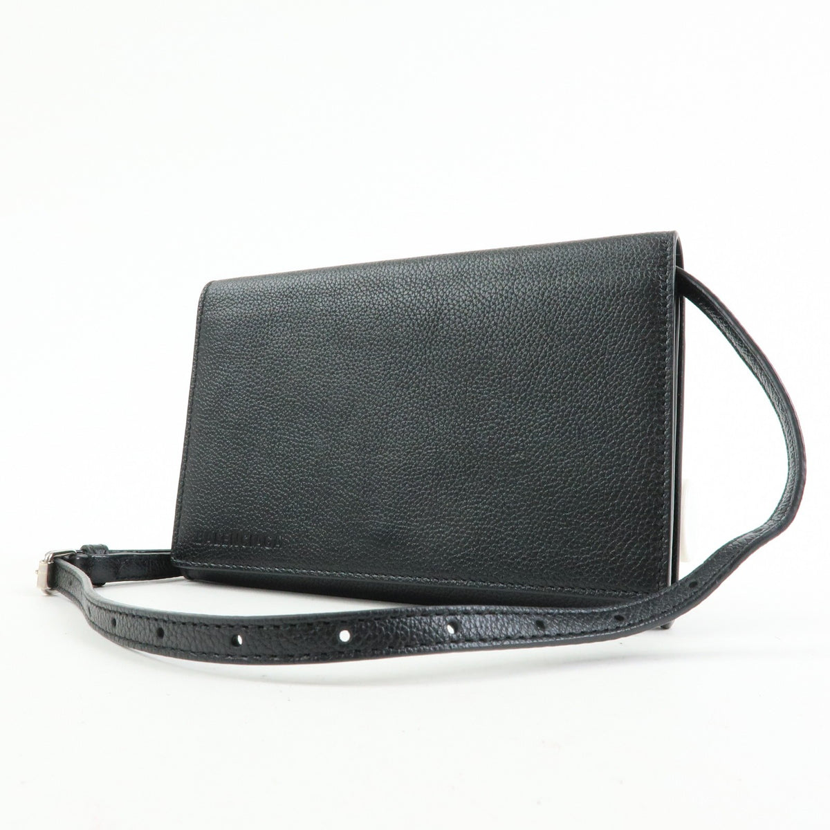 Balenciaga Logo Wallet with Strap Embossed Leather, Black, Leather, Crossbody Bag