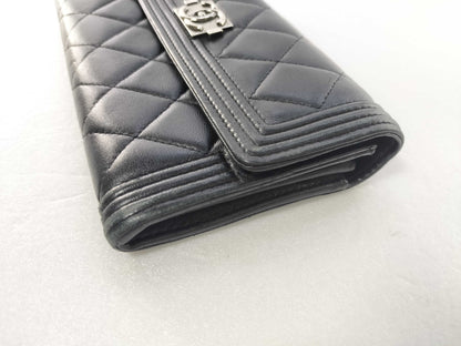 Chanel Boy Flap Quilted Lambskin, Black, Leather, Wallet