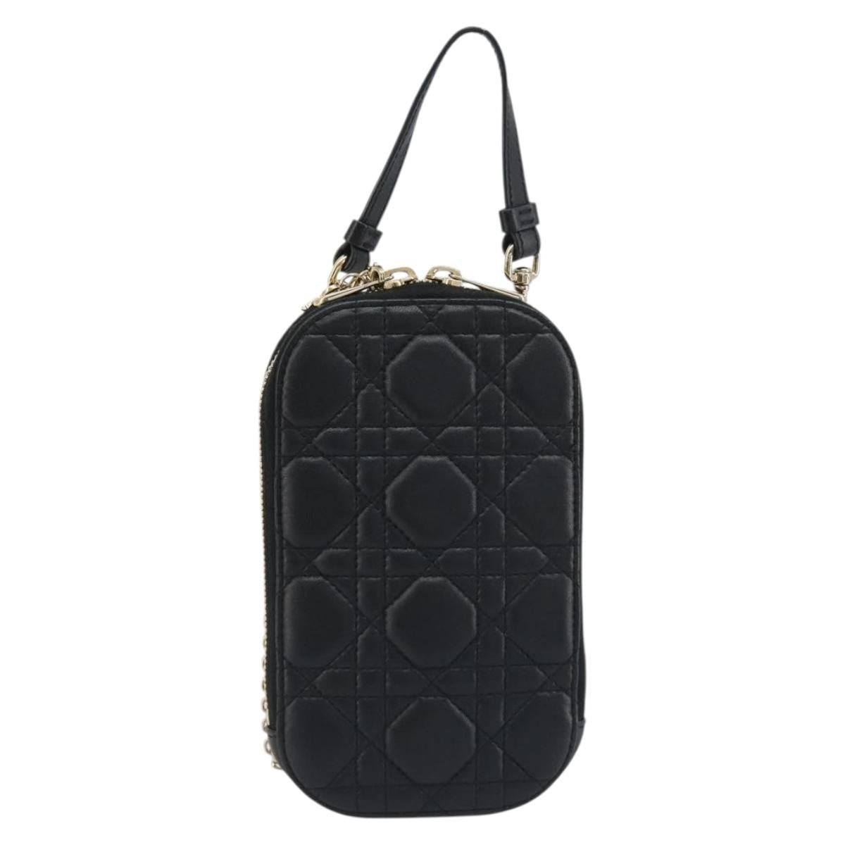 Christian Dior Lady Dior Phone Holder on Chain Cannage Quilt Lambskin, Black, Leather, Shoulder Bag